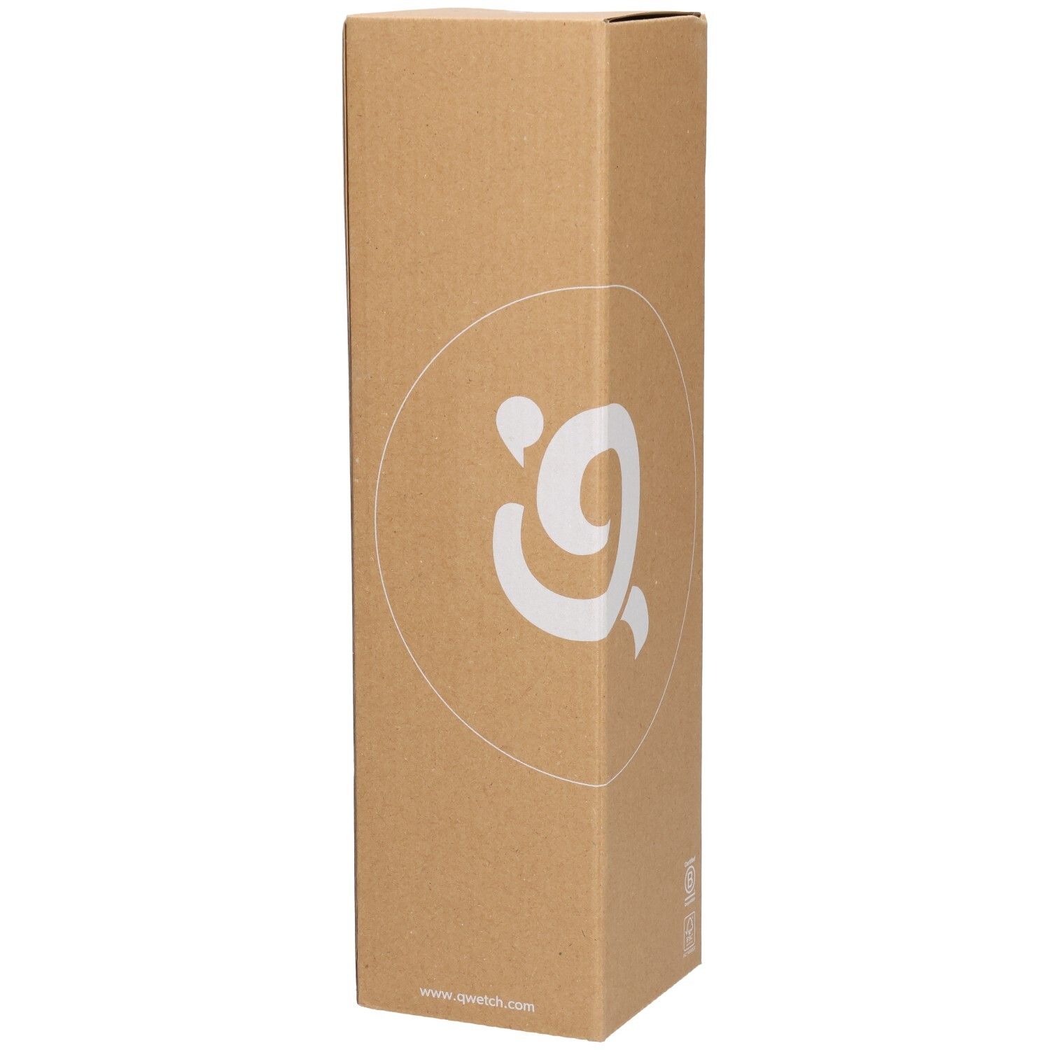 Kartonverpackung mit Qwetch-Logo. Brauner Karton. Minimalistisches Design. Flaschenumriss auf der Verpackung.