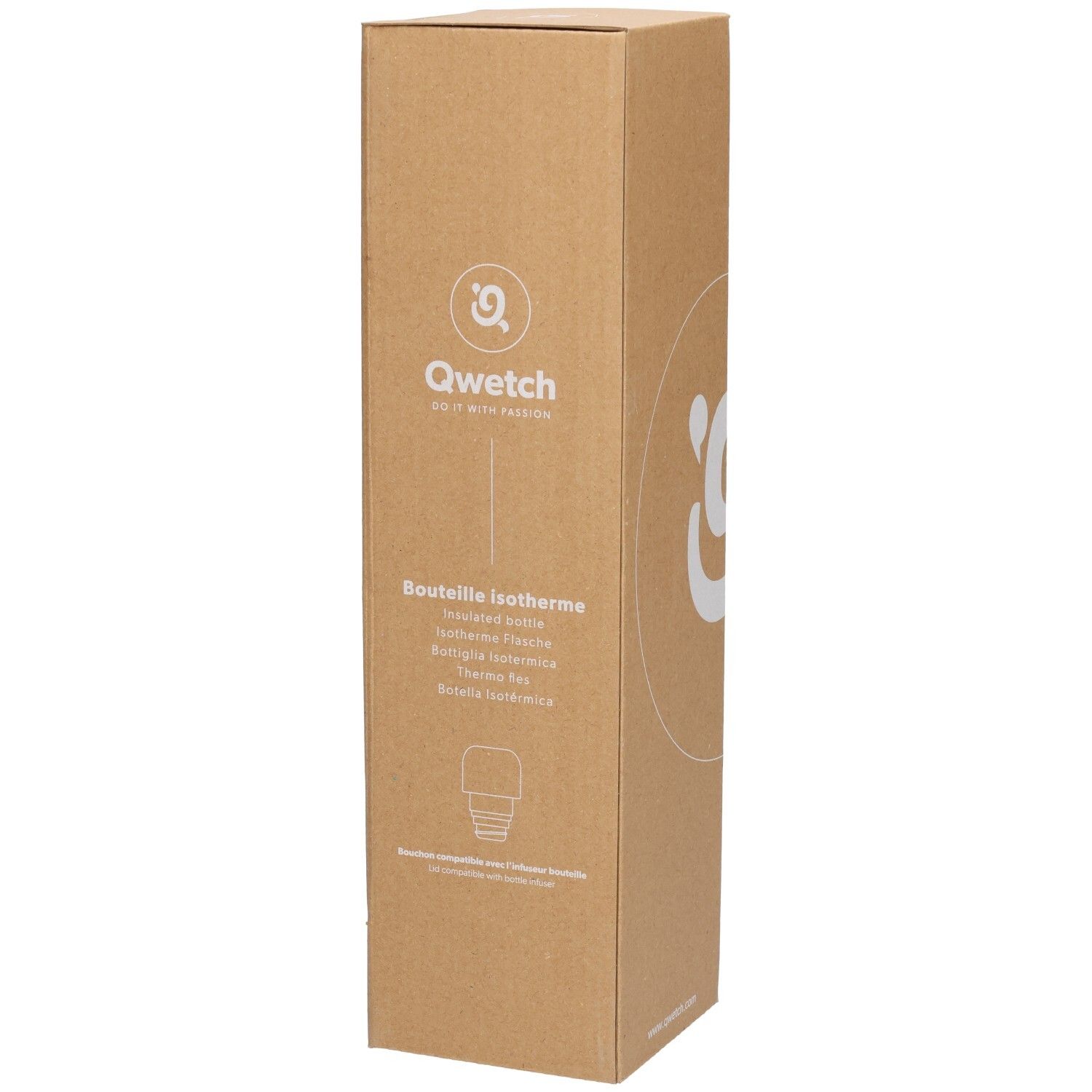 Kartonverpackung mit Qwetch-Logo und Produktbezeichnung. Brauner Karton. Text in mehreren Sprachen.