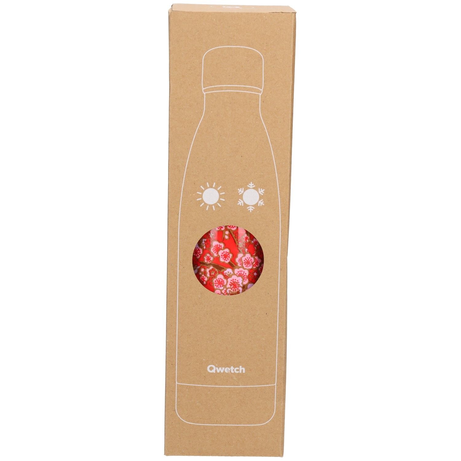 Kartonverpackung mit Isolierflasche. Sichtfenster zeigt rotes Blumenmuster. Qwetch-Logo und Flaschenumriss.