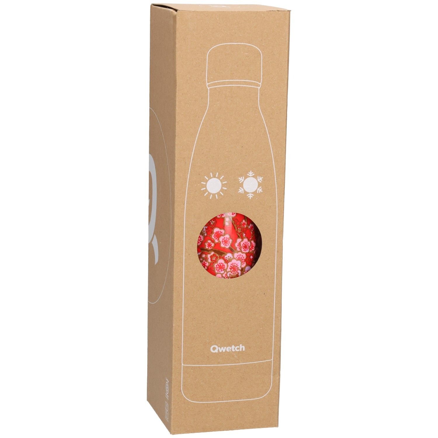 Kartonverpackung mit Isolierflasche. Sichtfenster zeigt rotes Blumenmuster. Qwetch-Logo und Flaschenumriss.