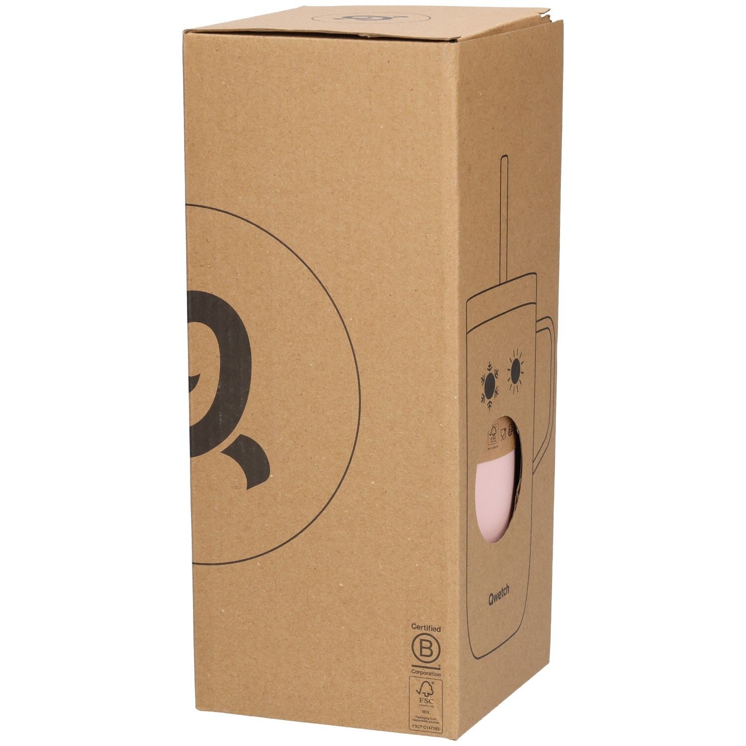 Kartonverpackung mit Qwetch-Logo. Teilansicht eines rosa Bechers durch ein rundes Fenster.