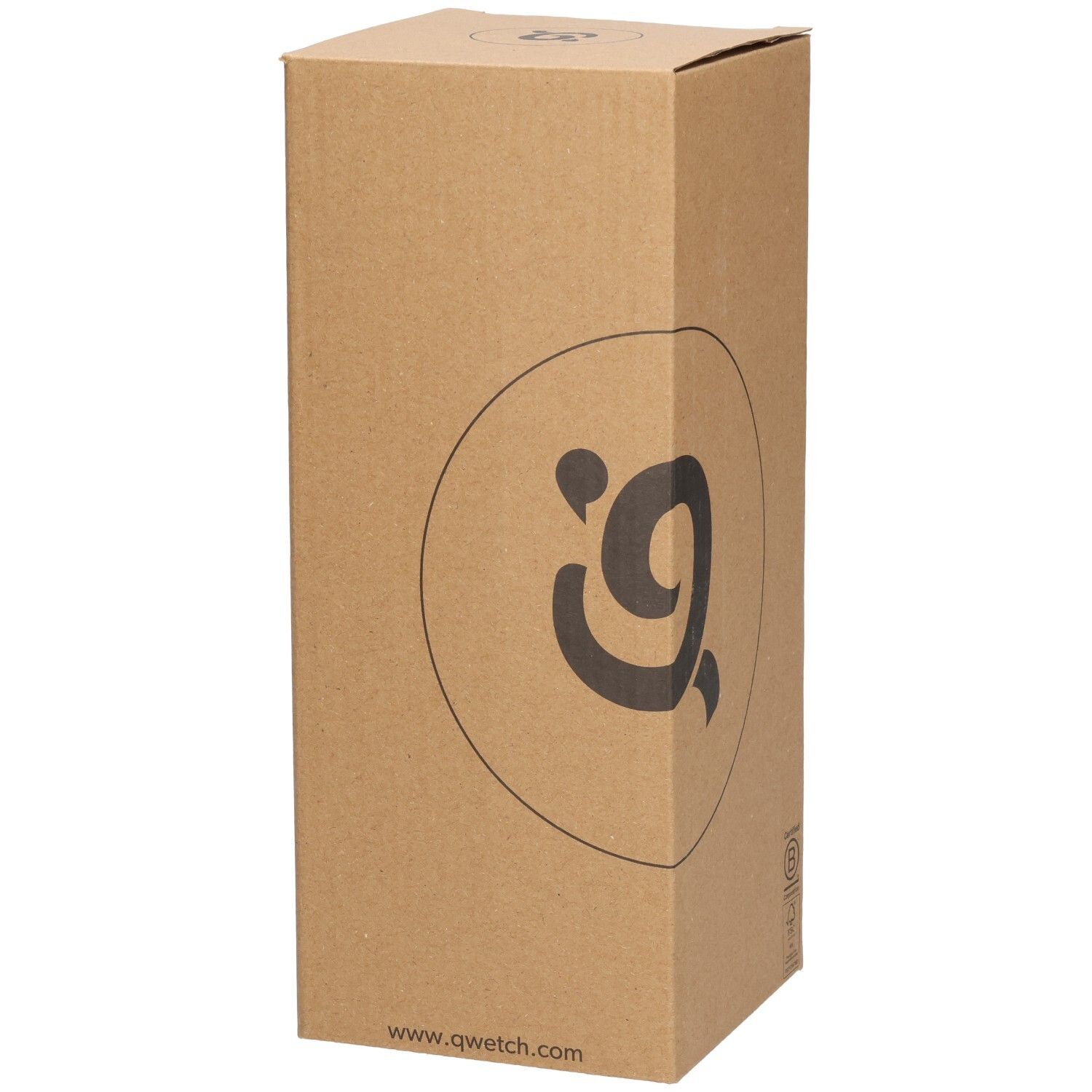 Hohe Kartonverpackung mit Qwetch-Logo. Aufschrift www.qwetch.com.