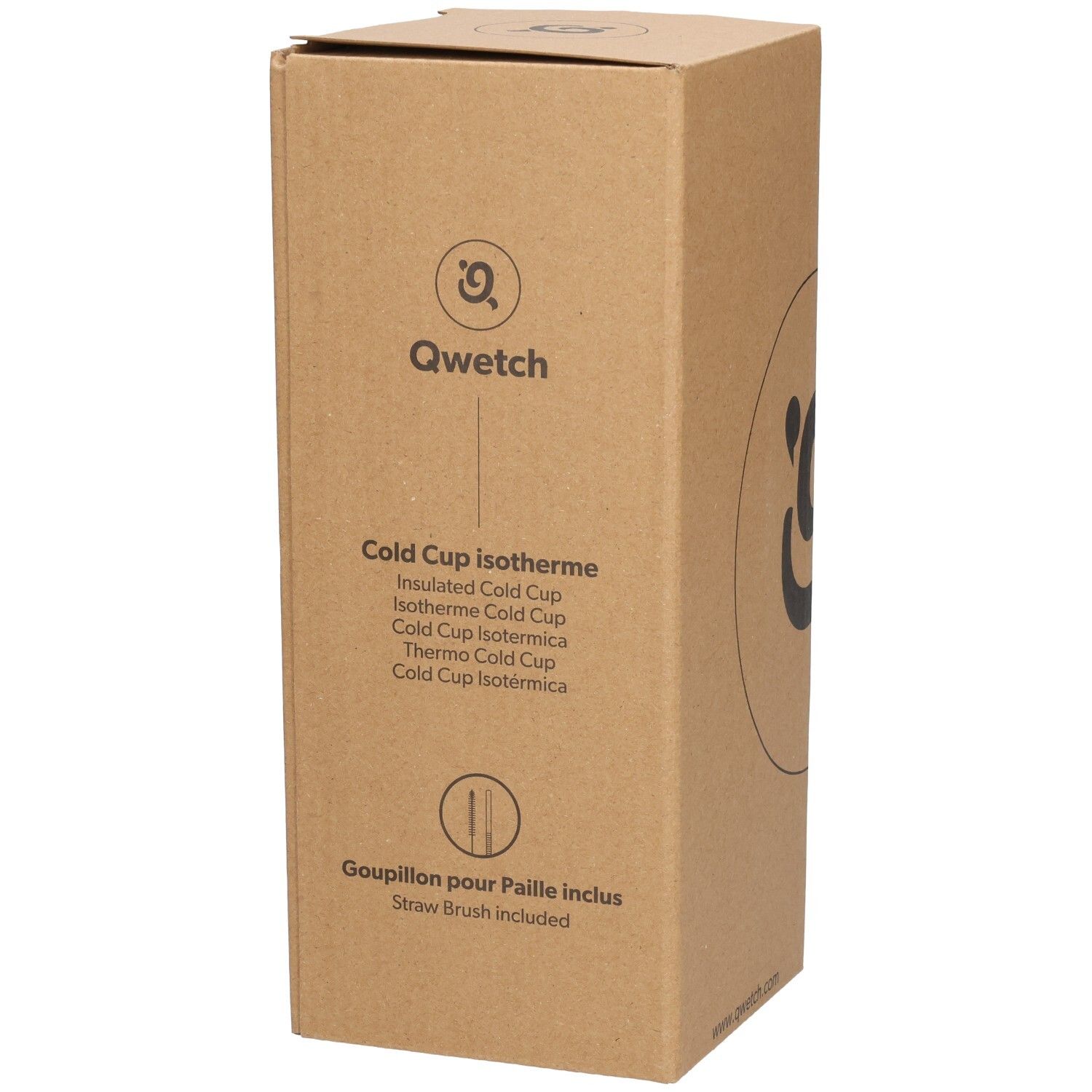 Kartonverpackung mit Qwetch-Logo und Produktinformationen. Enthält einen Strohhalm.