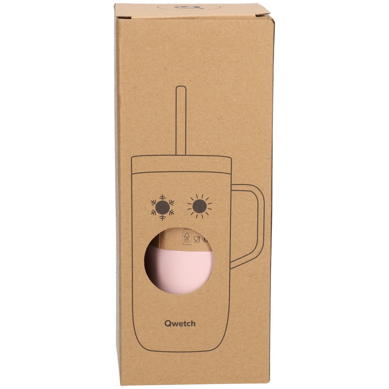 Kartonverpackung mit Umrisszeichnung eines rosa Bechers mit Griff und Strohhalm. Qwetch-Logo.