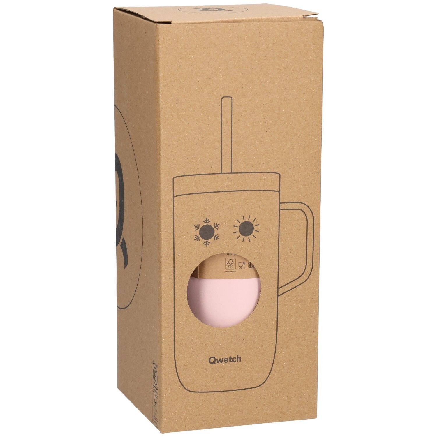 Kartonverpackung mit Umrisszeichnung eines rosa Bechers mit Griff und Strohhalm. Qwetch-Logo.