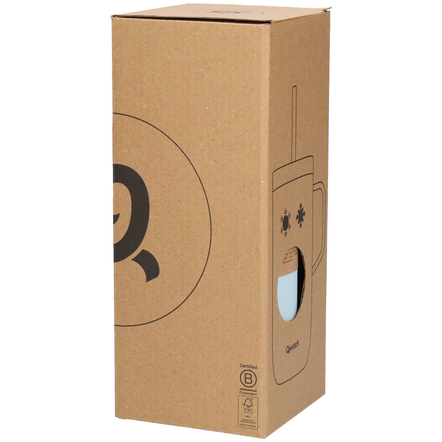 Kartonverpackung mit Qwetch-Logo und Zertifizierungen. Teilansicht des blauen Thermobechers durch eine Aussparung.