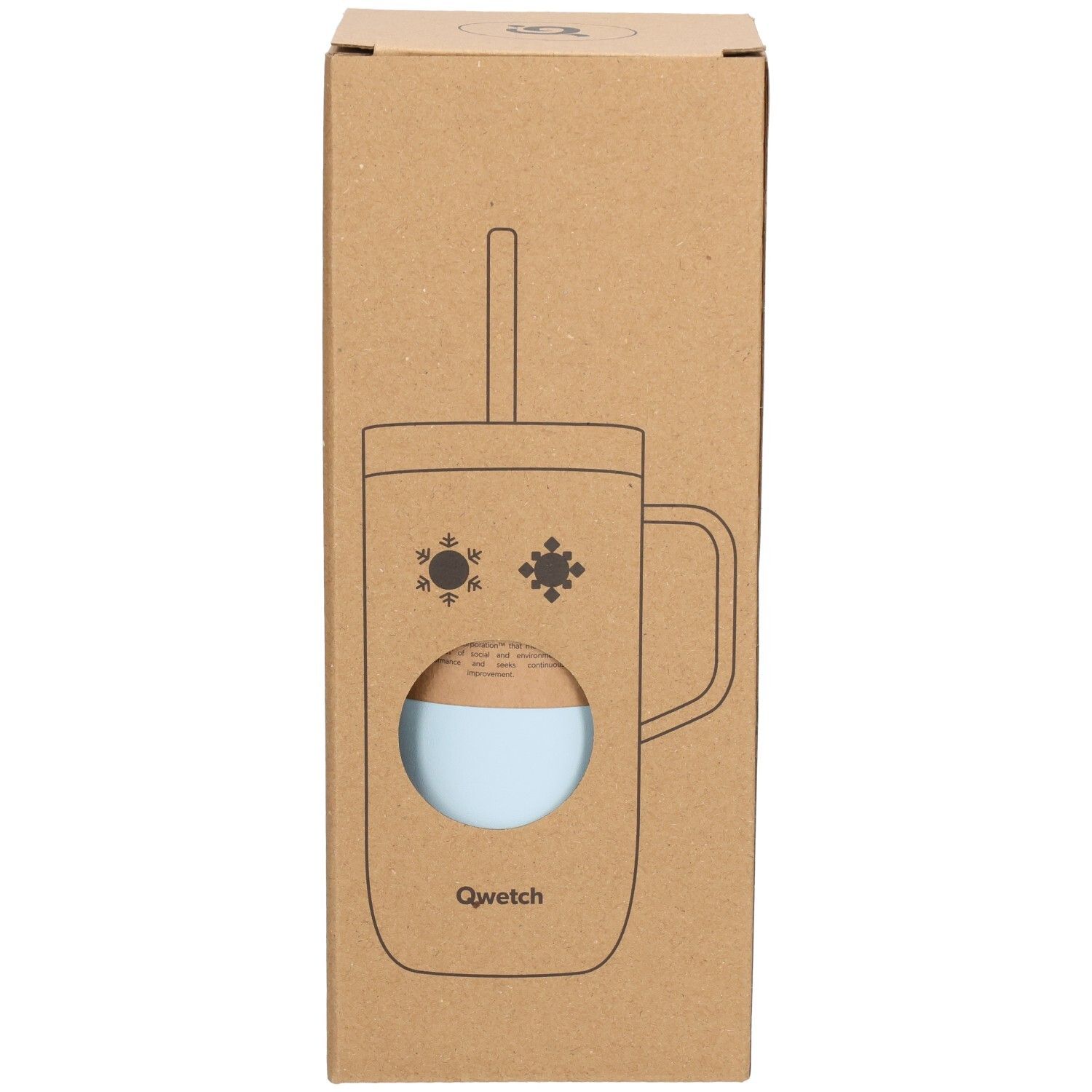 Kartonverpackung mit Umrisszeichnung eines blauen Thermobechers mit Griff und Strohhalm. Qwetch-Logo.