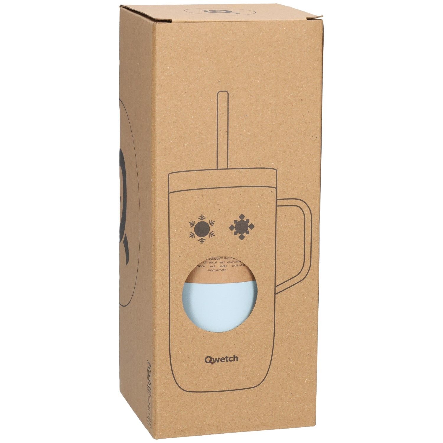 Kartonverpackung mit Umrisszeichnung eines blauen Thermobechers mit Griff und Strohhalm. Qwetch-Logo.