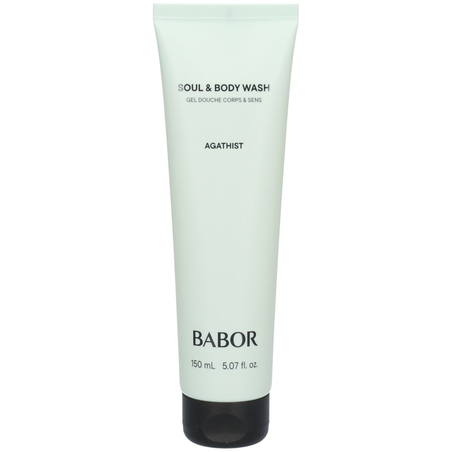 Hellgrüne Tube mit schwarzem Deckel. Aufschrift: SOUL & BODY WASH, AGATHIST, BABOR. Volumenangabe.