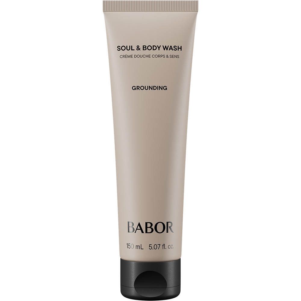 BABOR Soul & Body Wash Grounding in beigefarbener Tube mit schwarzem Klappdeckel. 150 ml.