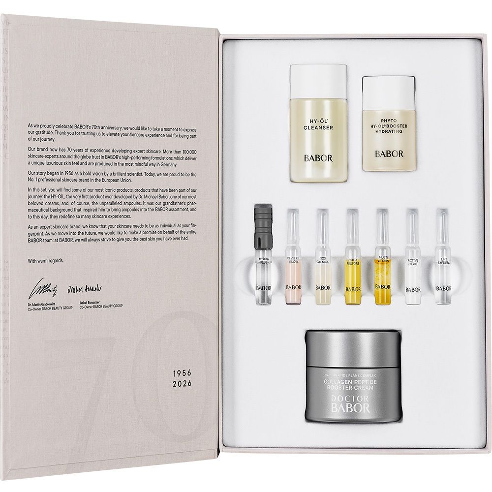 Babor 70 Jahre Jubiläumsset: Geöffnete Box mit Kosmetikprodukten, Ampullen und Tiegel.
