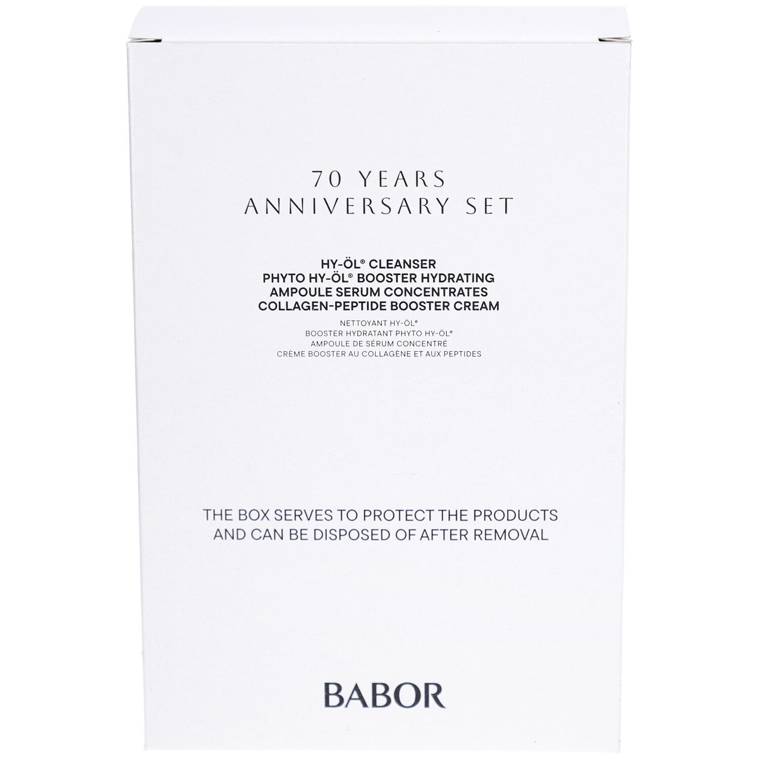 Weißer Karton mit Aufdruck. Enthält Schriftzug „70 YEARS ANNIVERSARY SET“ und Produktnamen. Marke BABOR.