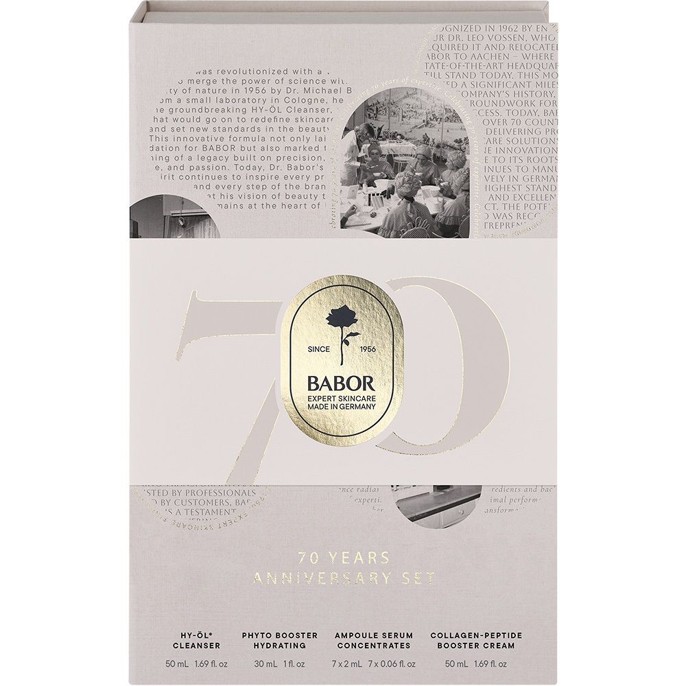 Babor 70 Jahre Jubiläumsset: Geöffnete Box mit Kosmetikprodukten, Ampullen und Tiegel.