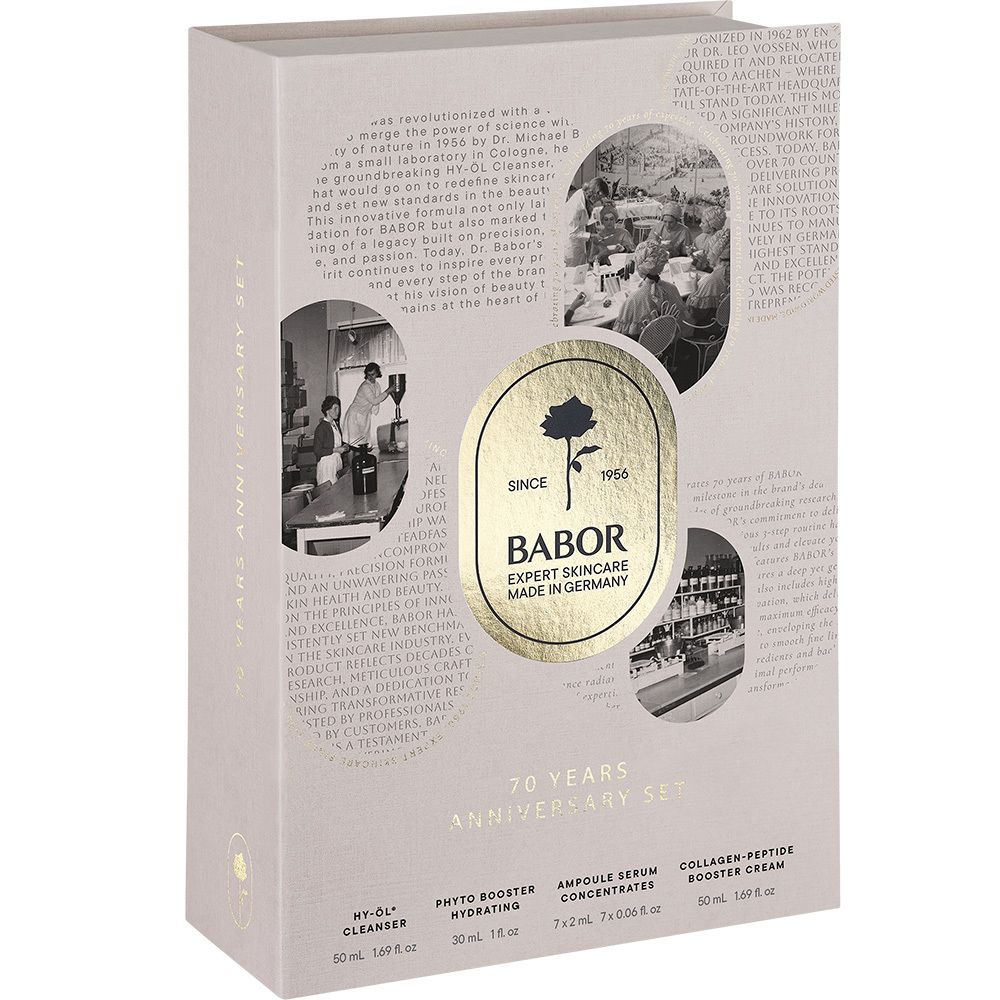 Babor 70 Jahre Jubiläumsset: Geöffnete Box mit Kosmetikprodukten, Ampullen und Tiegel.