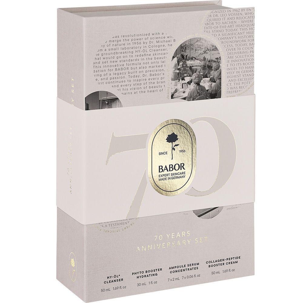 Babor 70 Jahre Jubiläumsset: Geöffnete Box mit Kosmetikprodukten, Ampullen und Tiegel.