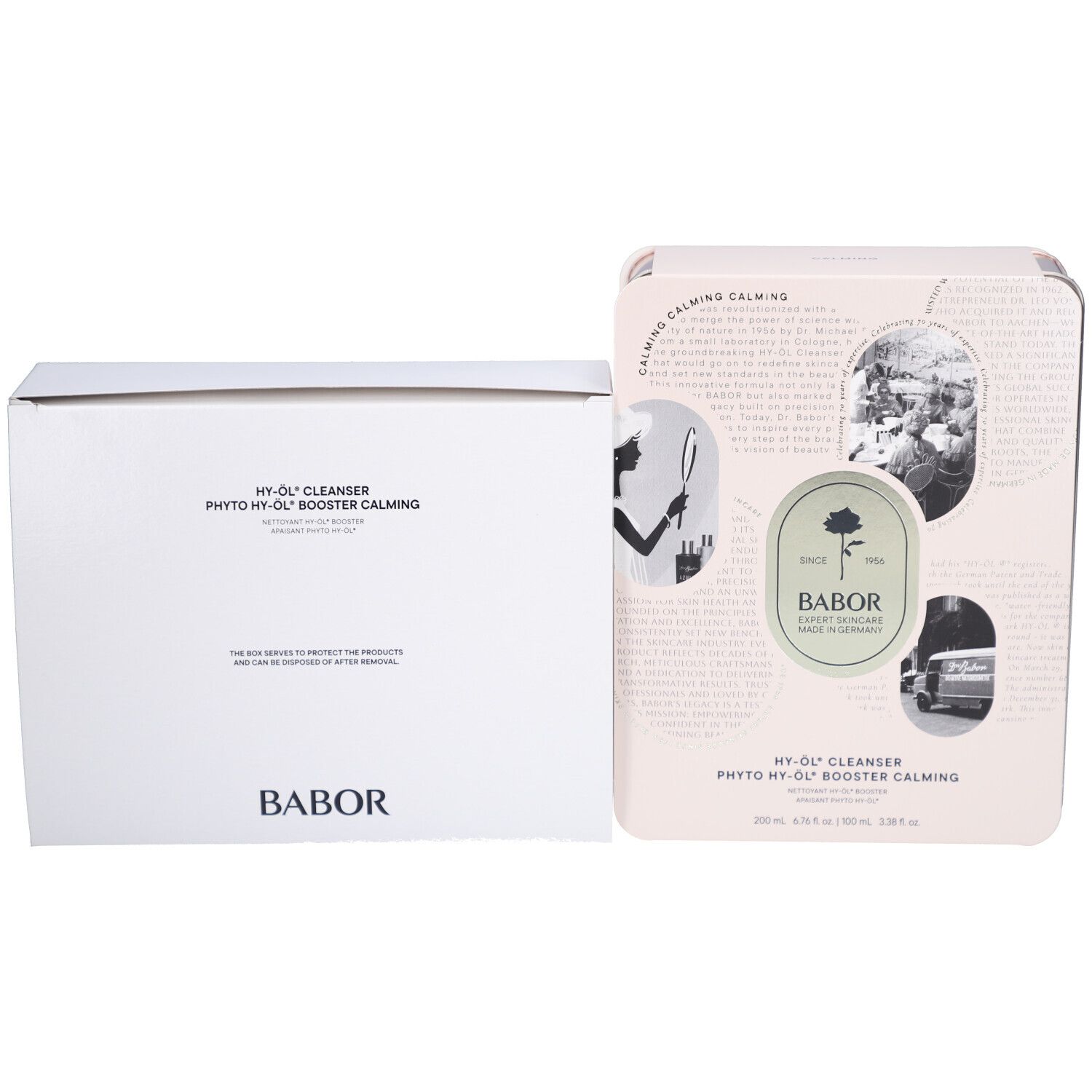 Zwei Verpackungen nebeneinander. Aufschrift: HY-ÖL Cleanser, Phyto HY-ÖL Booster Calming. Marke: Babor.