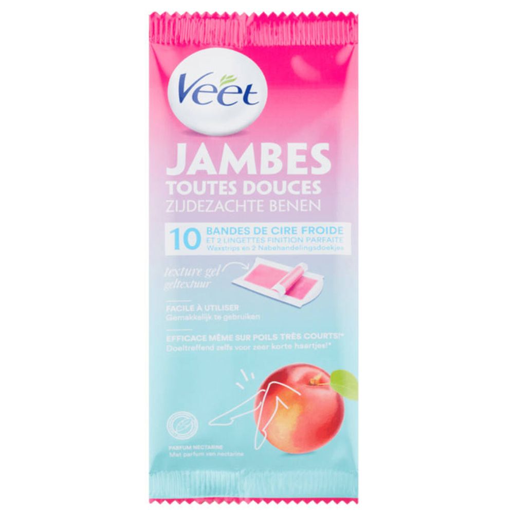Paquet de bandes de cire froide Veet. Emballage rose et blanc. 10 bandes. Illustration de pêche et jambe.