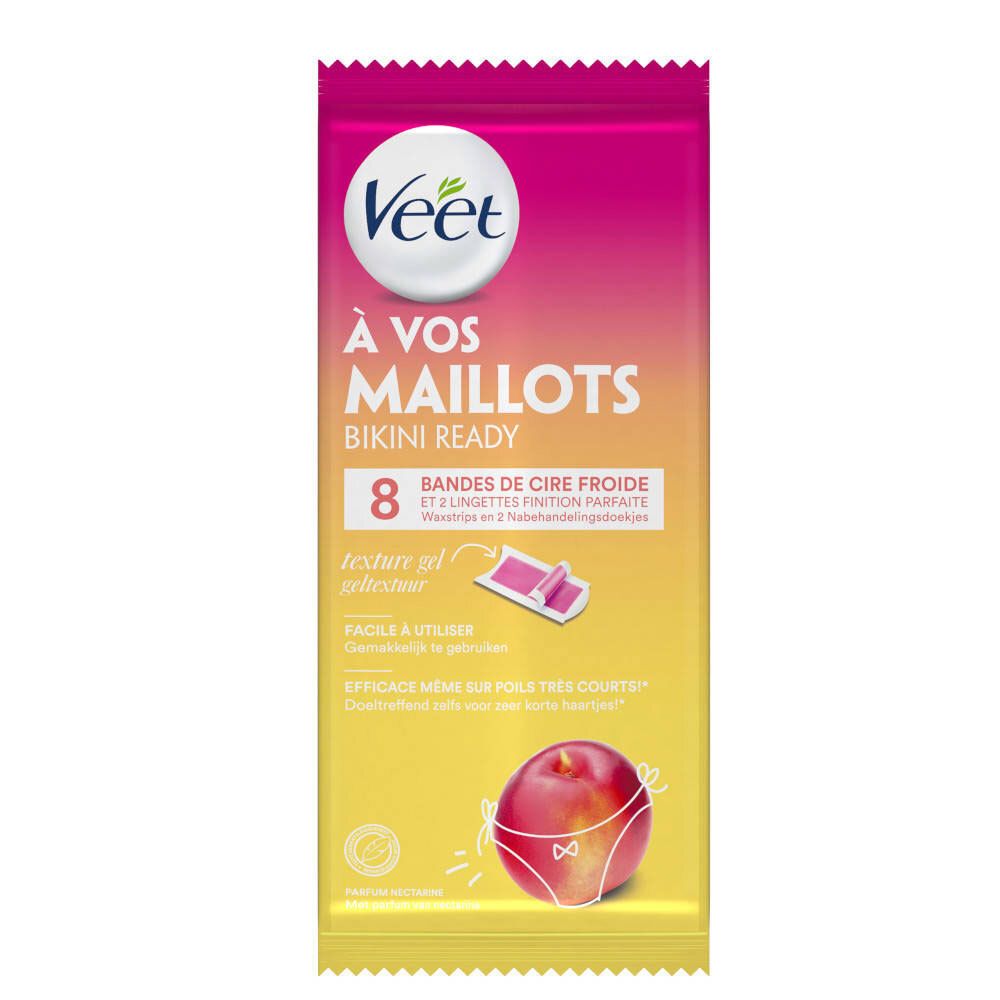 Paquet de Veet Waxstrips Bikini Ready. Contient 8 bandes de cire froide et 2 lingettes de finition. Emballage rose et jaune avec logo.