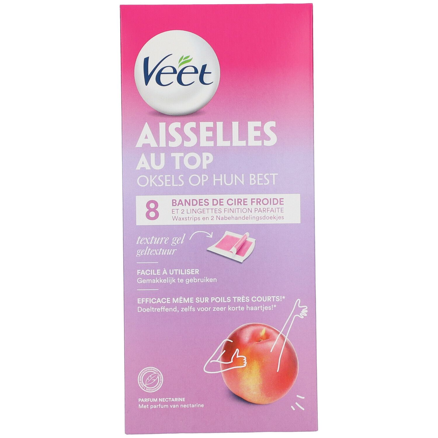 Boîte de bandes de cire froide Veet. Design rose et blanc. Texte et illustration de nectarine. 8 bandes et lingettes.