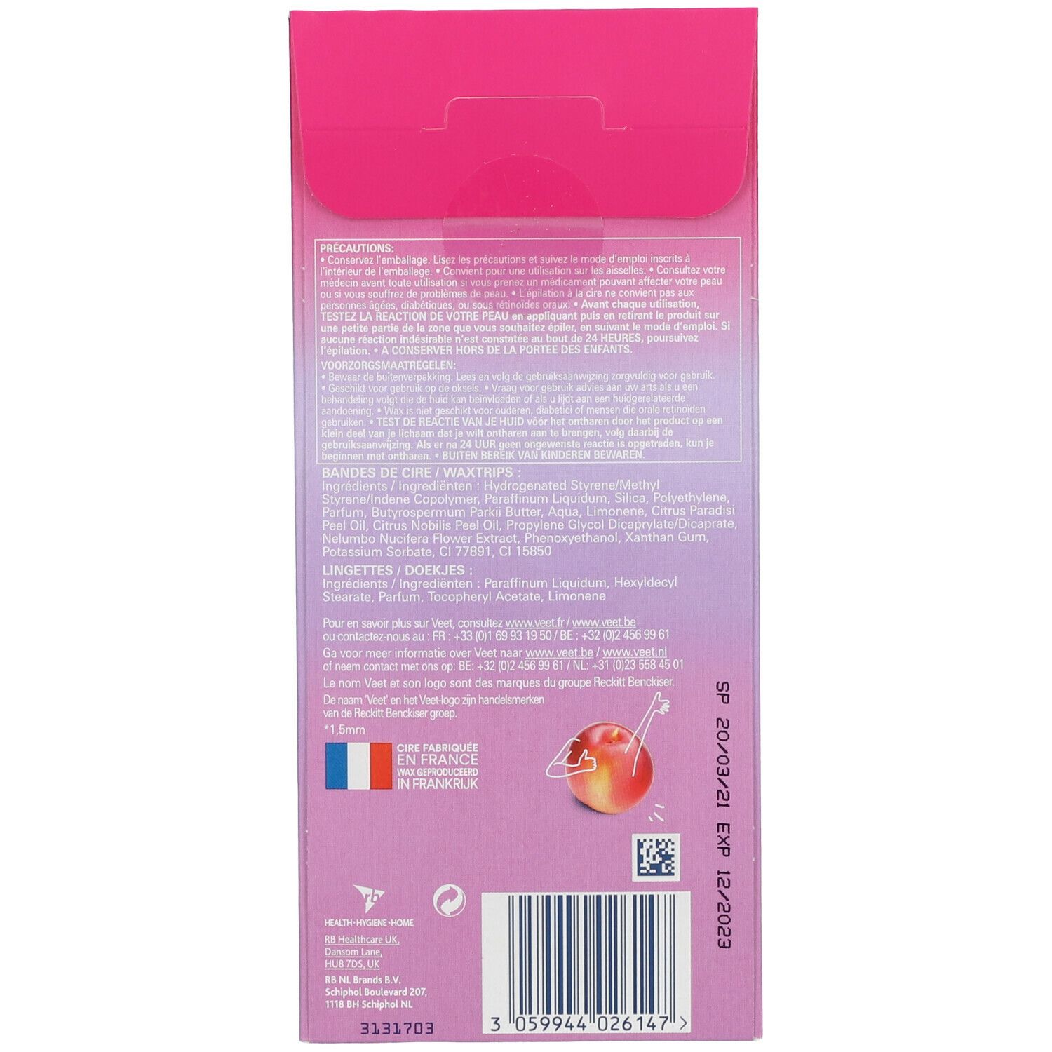 Dos de la boîte avec texte et ingrédients. Illustration de nectarine et drapeau français. Date d'expiration.