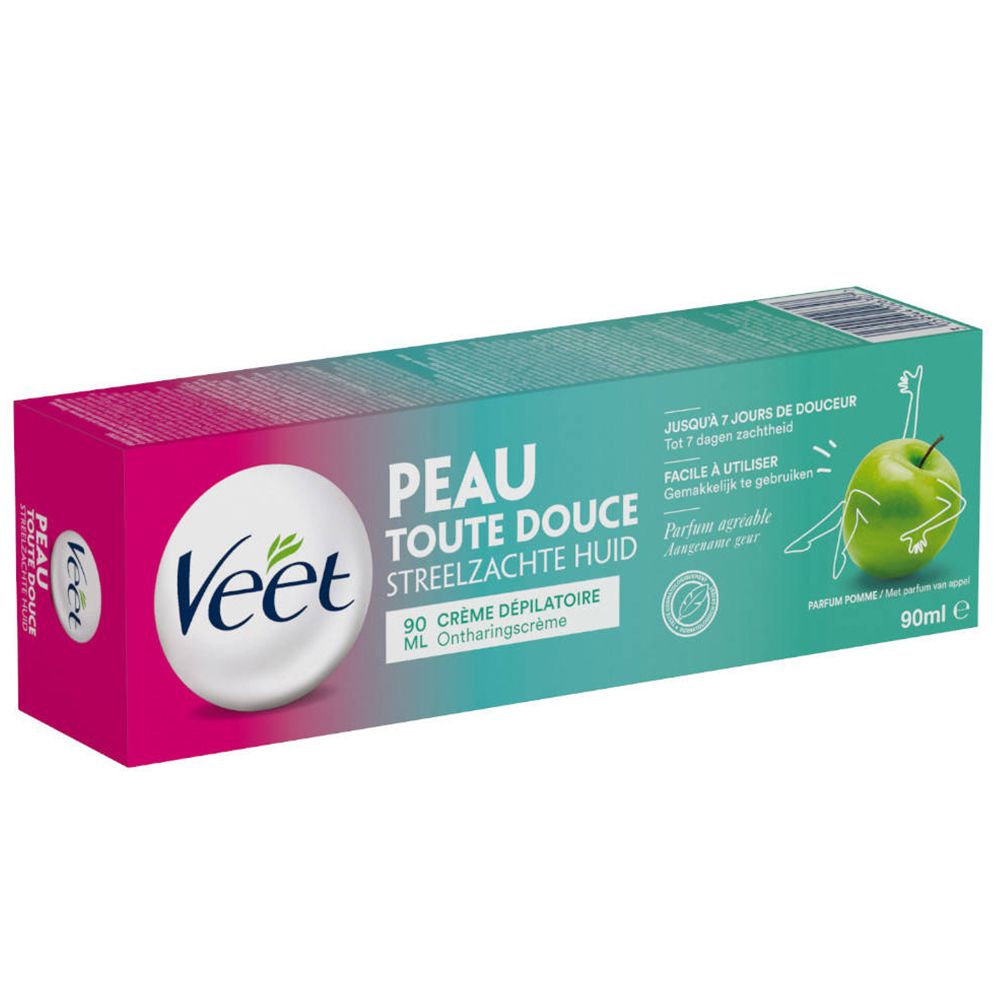 Emballage de crème dépilatoire Veet. Design rose et turquoise. Texte: PEAU TOUTE DOUCE, 90 ml, Ontharingscrème. Illustration de pomme.