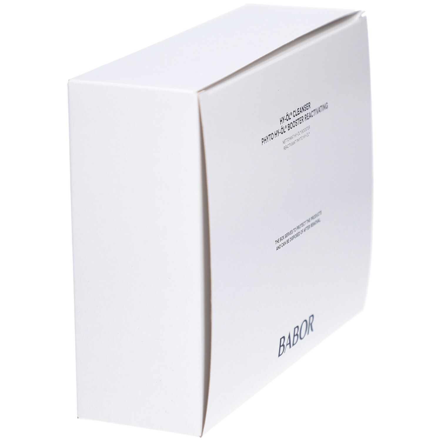 Weiße Produktverpackung. Aufschrift: HY-ÖL CLEANSER, PHYTO HY-ÖL BOOSTER REACTIVATING. Marke BABOR.