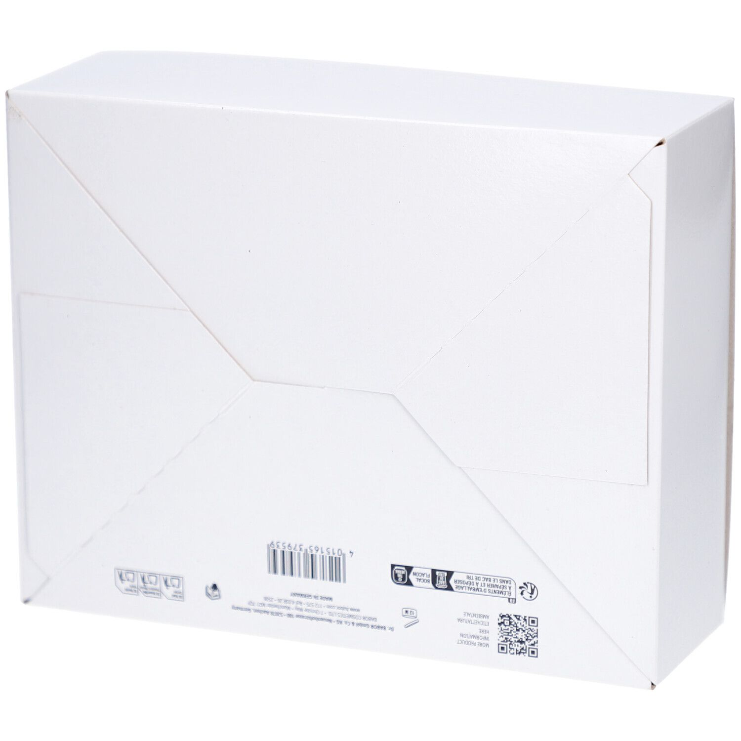 Rückseite der weißen Produktverpackung. Barcode, Logos und Text.