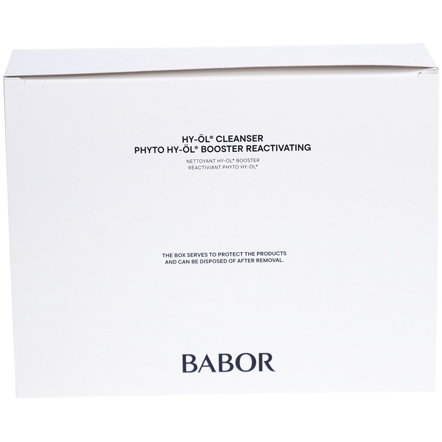 Weiße Produktverpackung. Aufschrift: HY-ÖL CLEANSER, PHYTO HY-ÖL BOOSTER REACTIVATING. Marke BABOR.