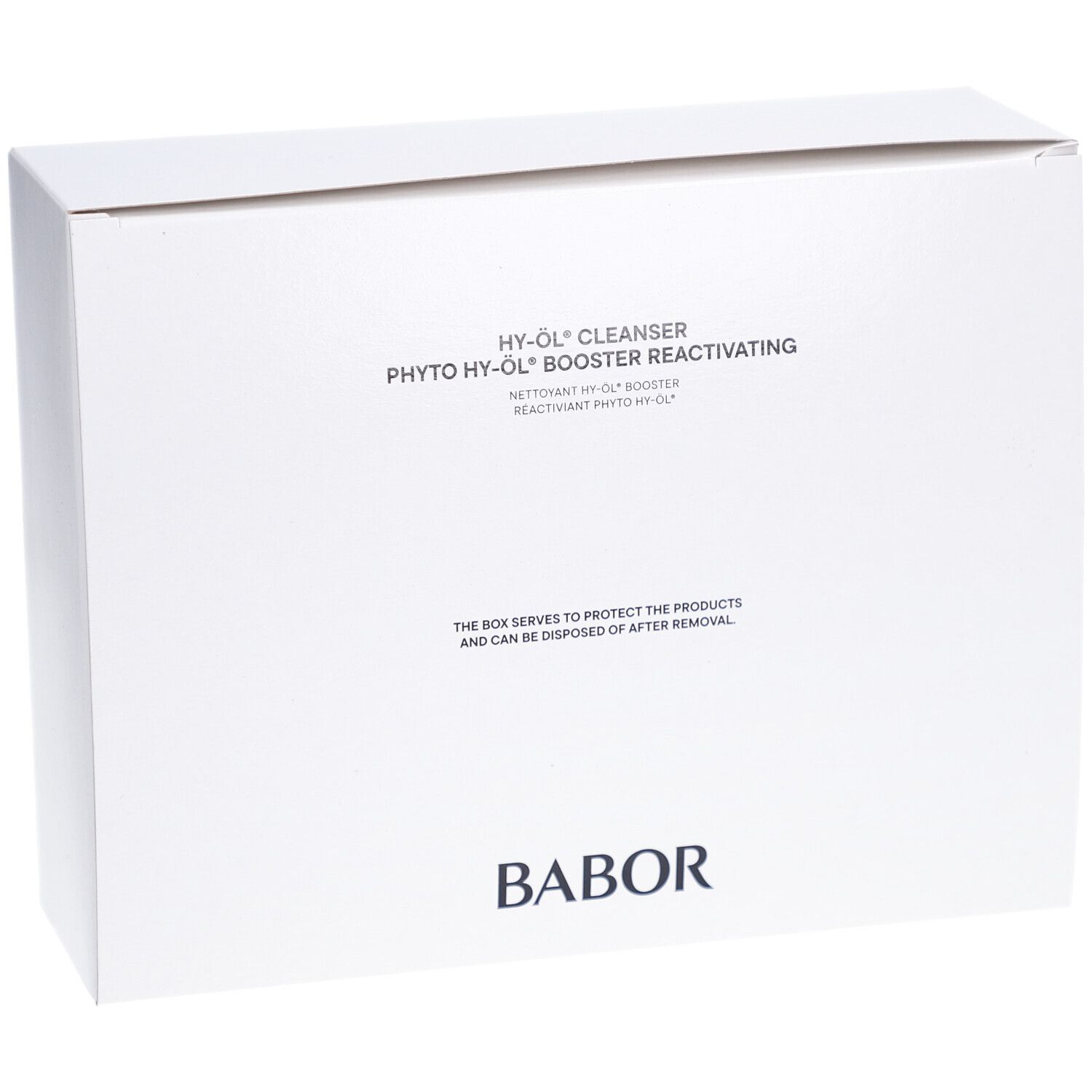 Weiße Produktverpackung. Aufschrift: HY-ÖL CLEANSER, PHYTO HY-ÖL BOOSTER REACTIVATING. Marke BABOR.