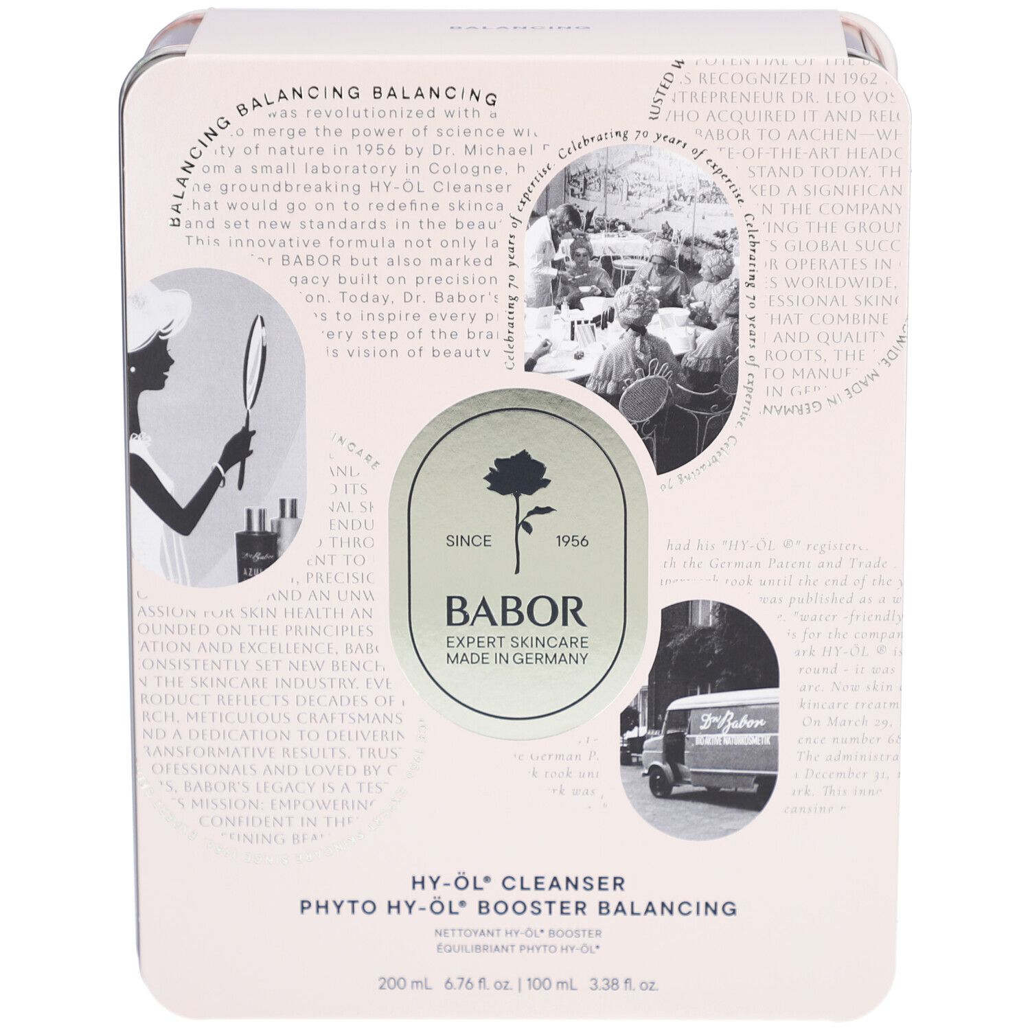 Vorderseite der Metallbox. Logo mit Rose und Schriftzug BABOR. Text: HY-ÖL® Cleanser, Phyto HY-ÖL® Booster Balancing.