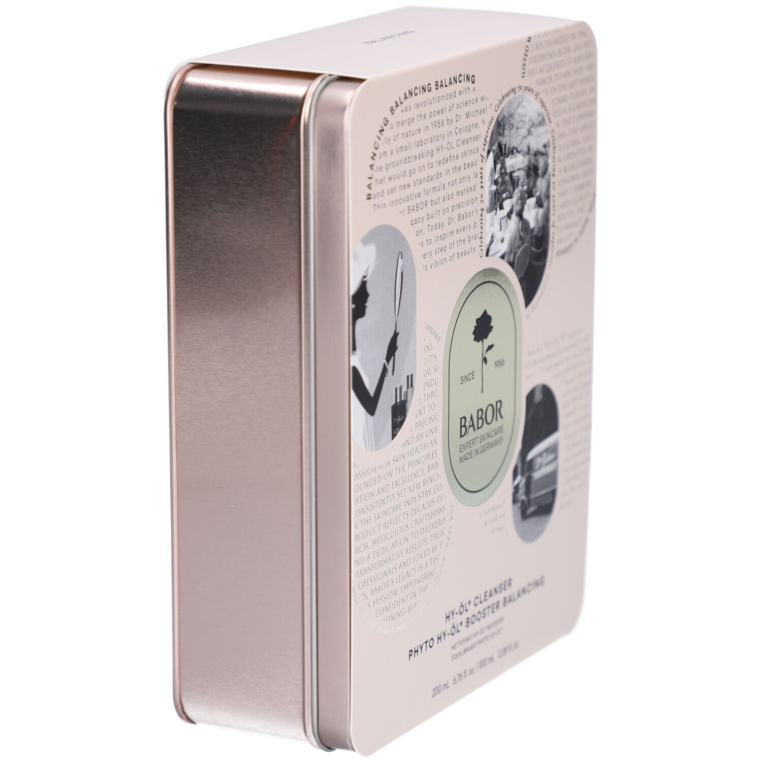 Metallbox, schräg von oben. Logo mit Rose und Schriftzug BABOR. Text: HY-ÖL® Cleanser, Phyto HY-ÖL® Booster Balancing.