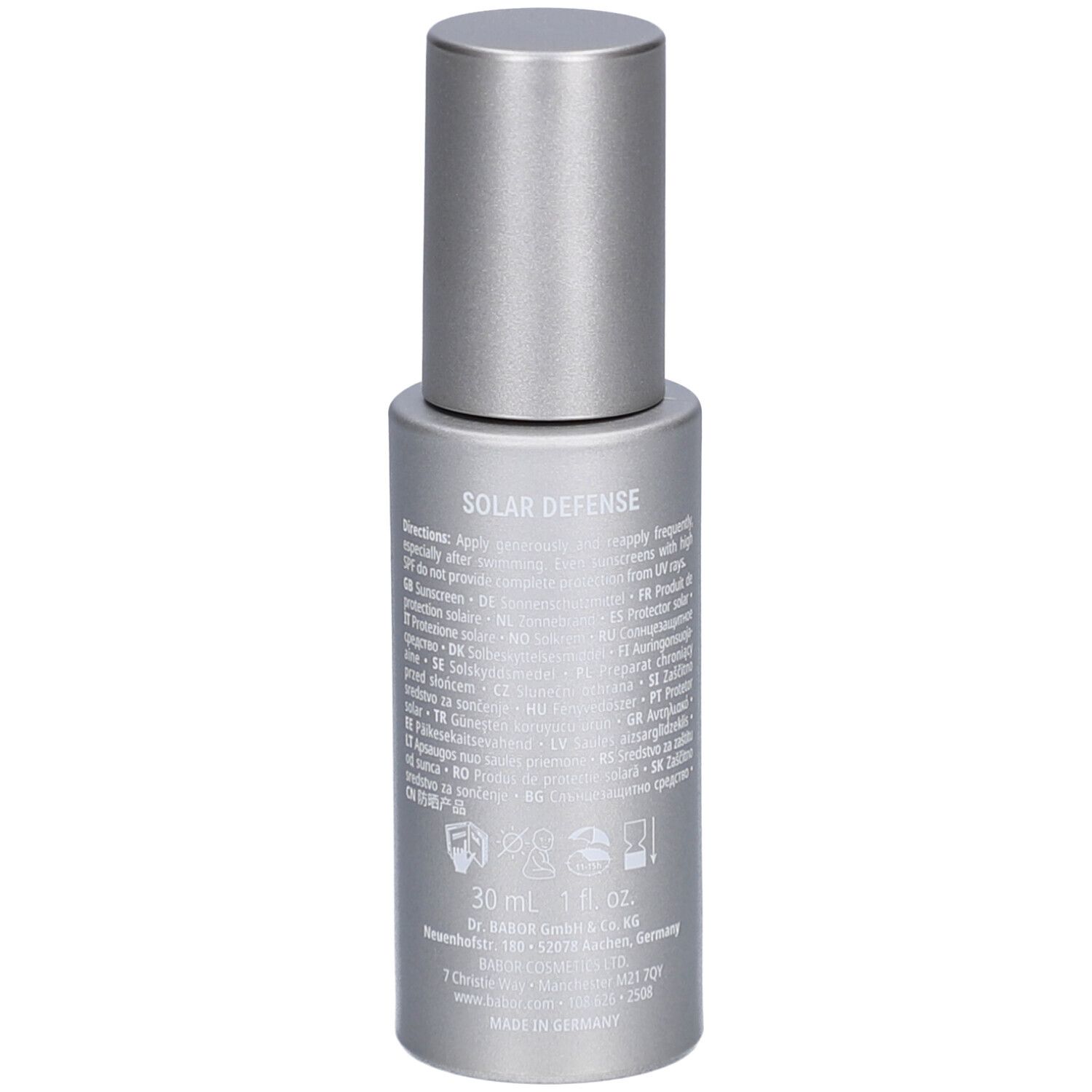 Silberne Flasche mit Dosierkopf. Text: 30 ml, Doctor Babor.