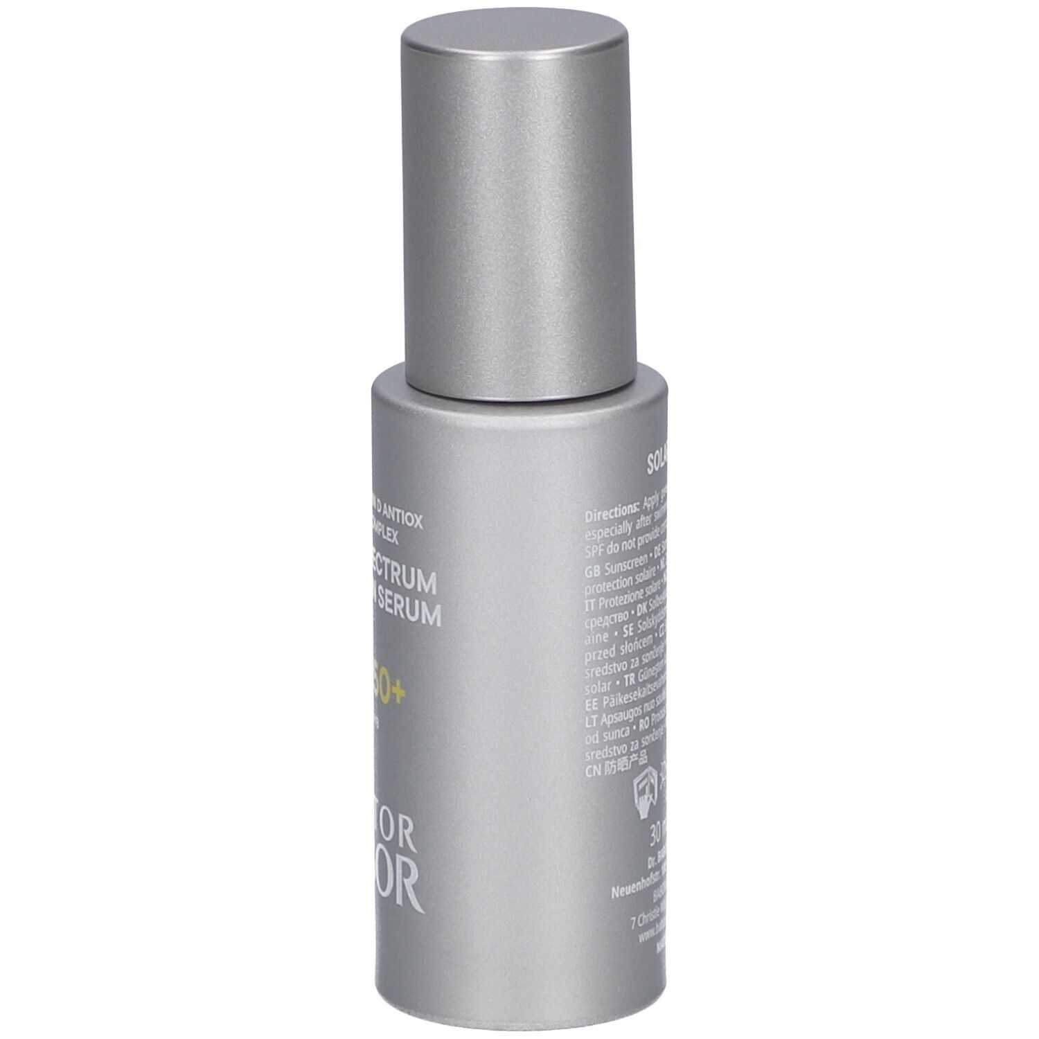 Silberne Flasche mit Dosierkopf. Text: SPF 50+, Doctor Babor.