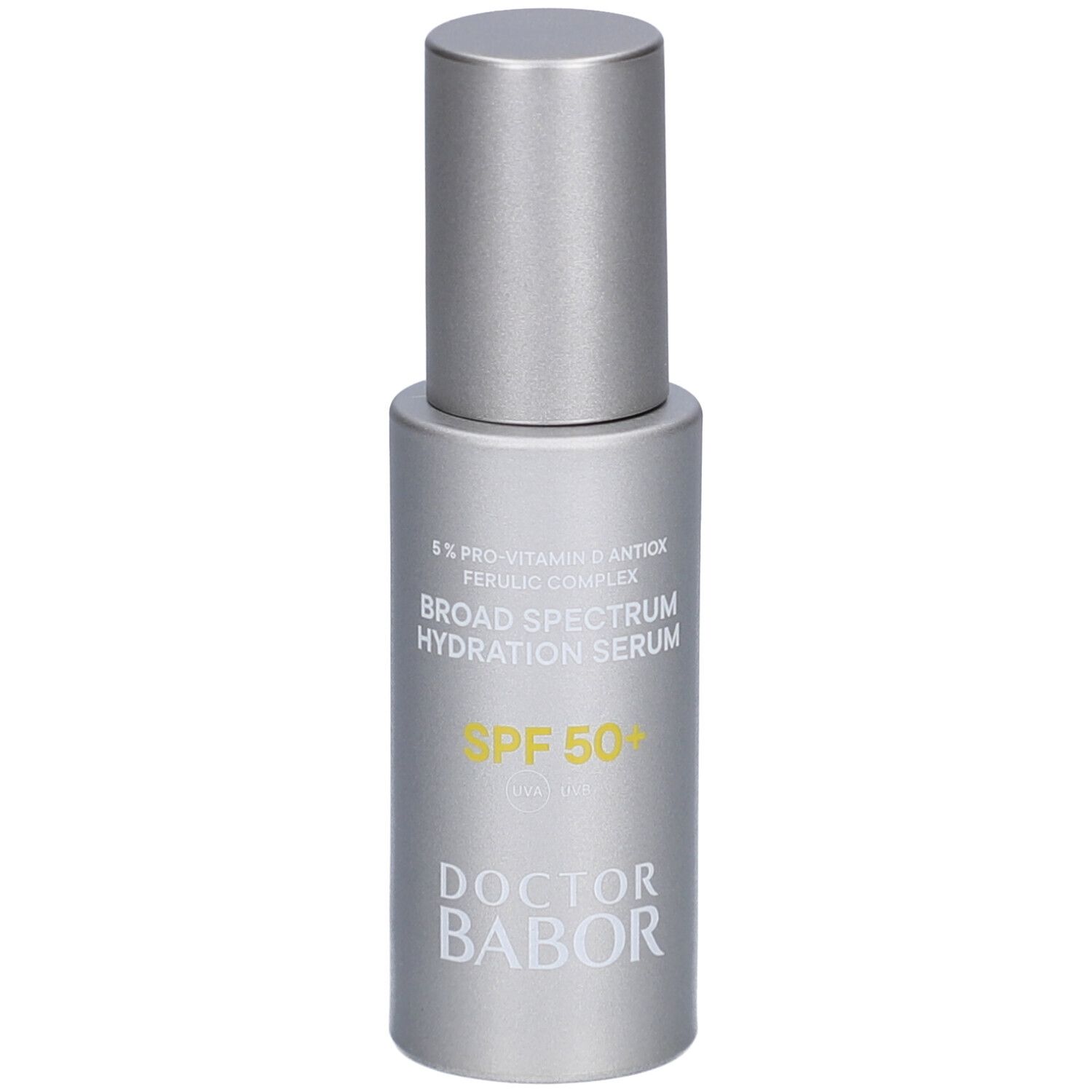 Silberne Flasche mit Dosierkopf. Text: SPF 50+, Doctor Babor.