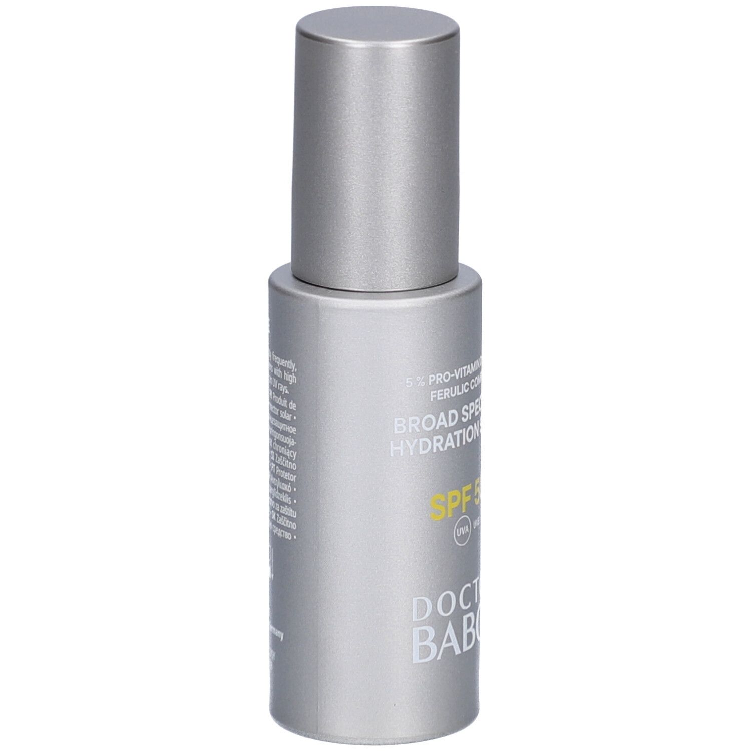 Silberne Flasche mit Dosierkopf. Text: SPF 50+, Doctor Babor.