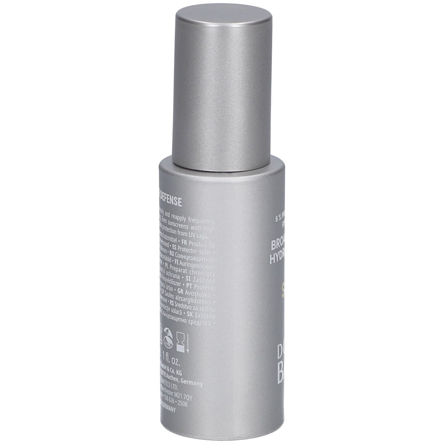 Gelbe Verpackung und silberne Flasche. Text: SPF 50+, Doctor Babor.