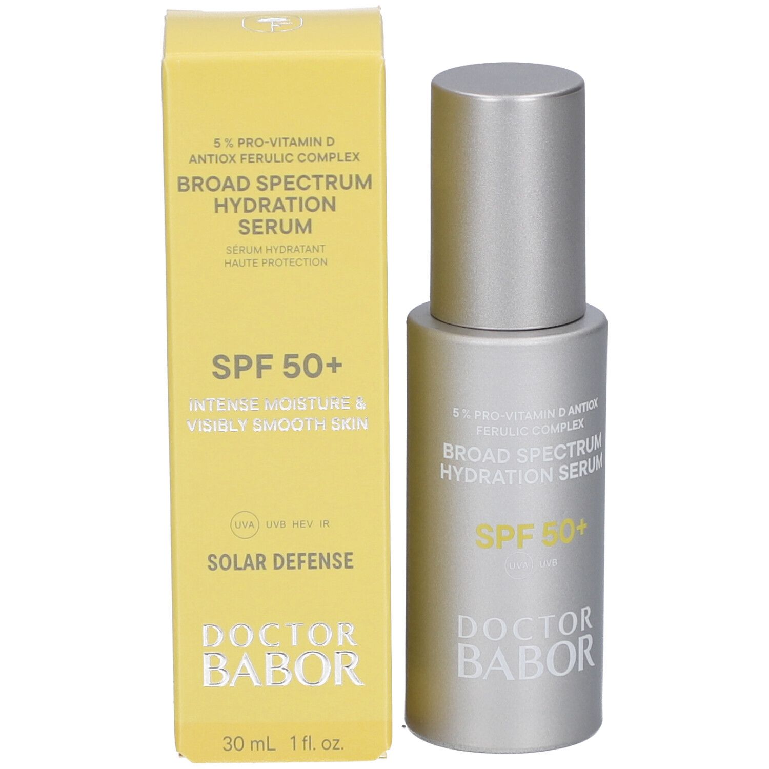 Gelbe Verpackung. Text: SPF 50+, Doctor Babor.