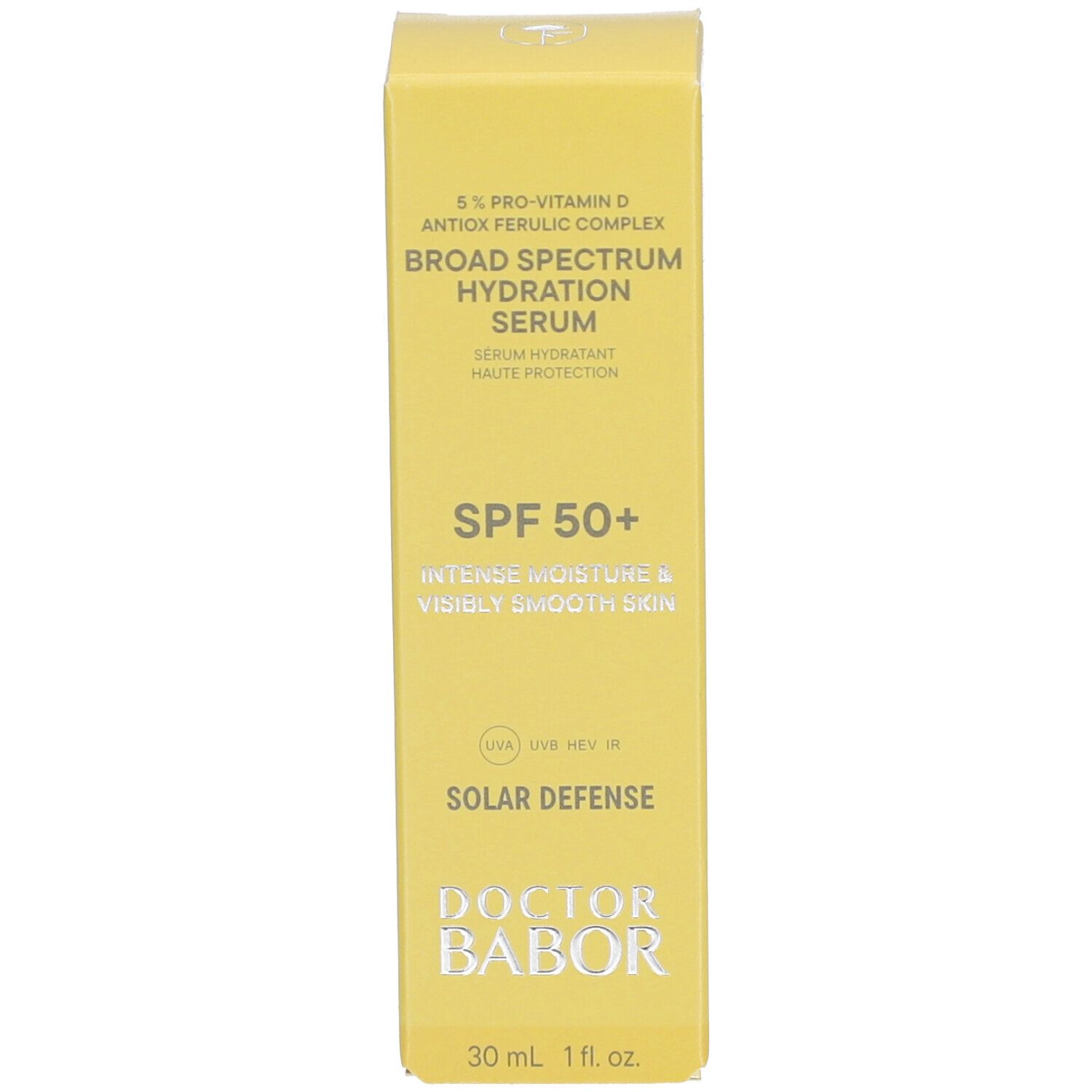 Silberne Flasche mit Dosierkopf. Text: SPF 50+, Doctor Babor.