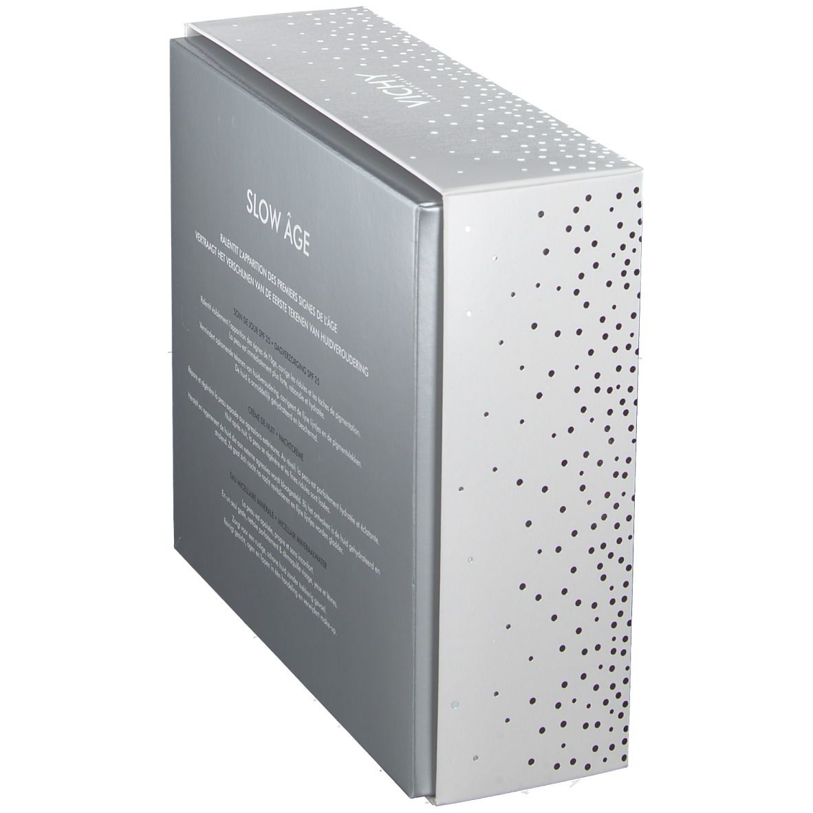 Coffret cadeau avec couvercle ouvert. Texte : Slow Age. Informations produit. Marque : Vichy. Argenté.