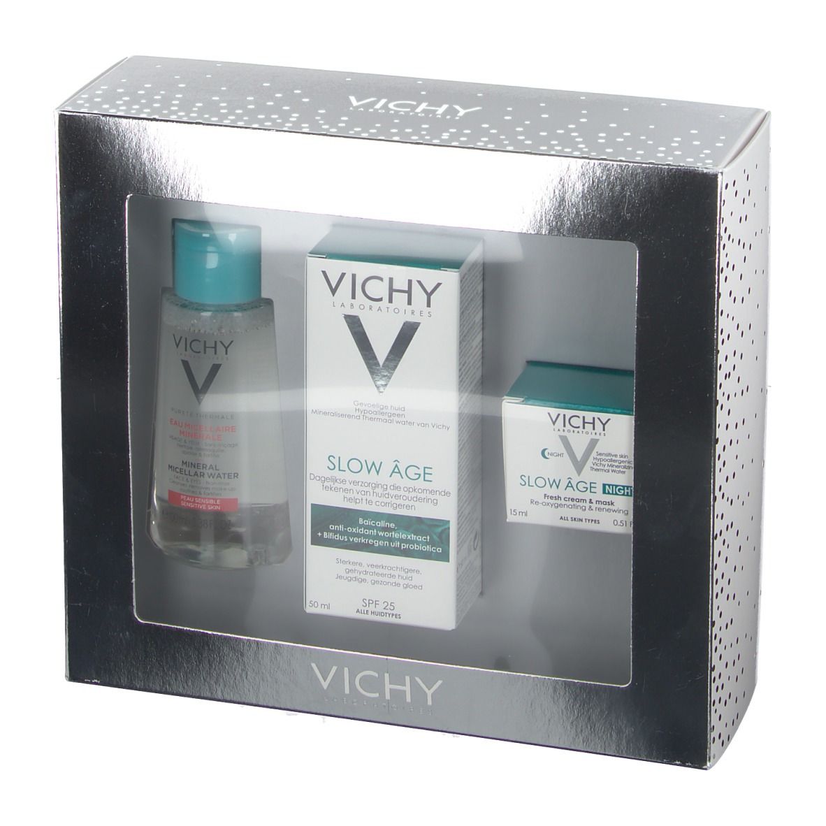 Coffret cadeau avec trois produits. Eau micellaire, soin de jour et soin de nuit. Emballage avec fenêtre. Marque : Vichy.