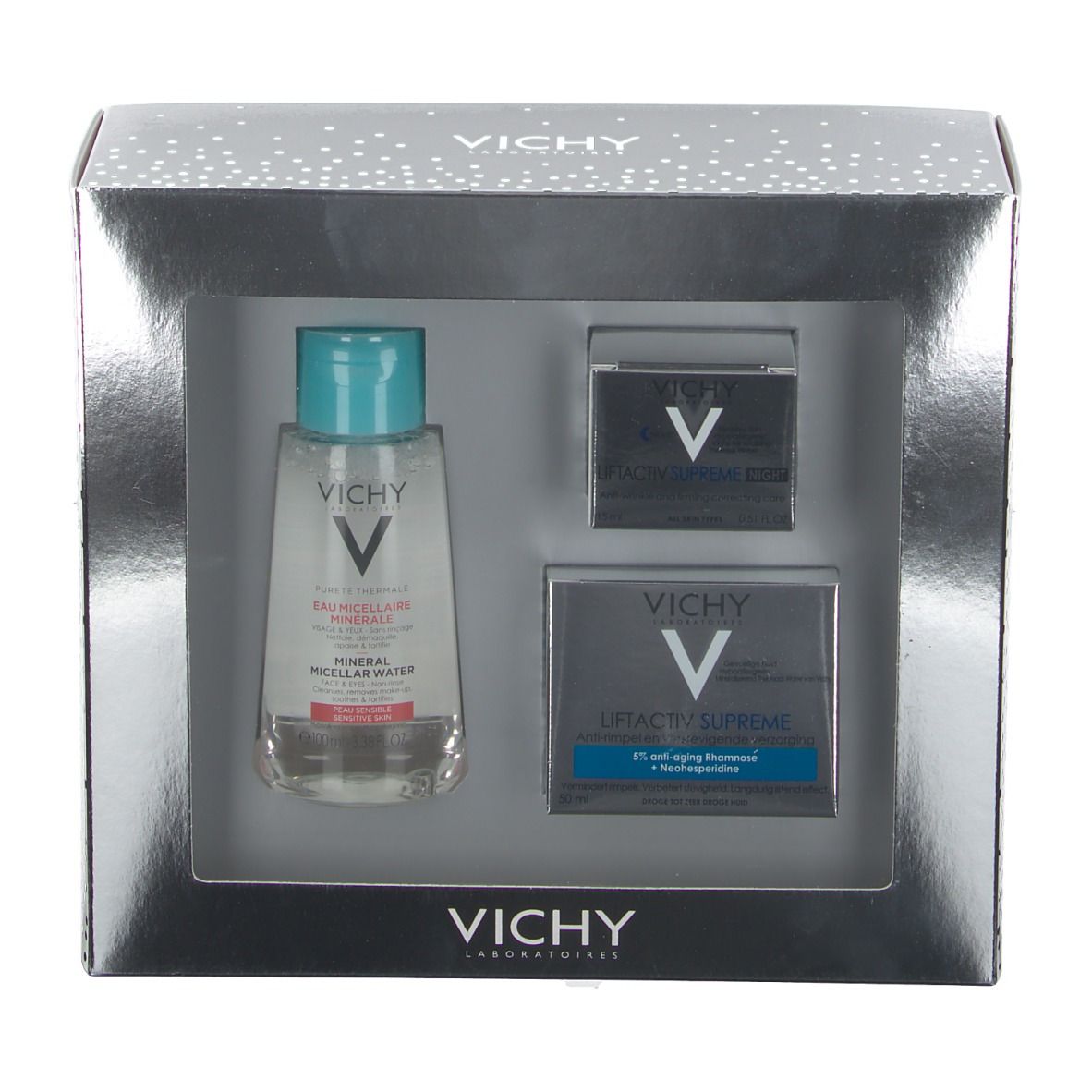 Geschenkset met micellair water, dag- en nachtverzorging. Producten in zilveren doos met venster. Vichy-logo zichtbaar.