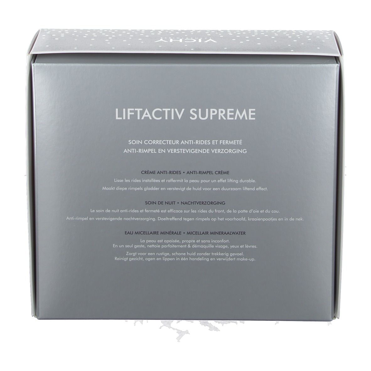 Achterkant van de doos. Tekst in meerdere talen. Opschrift 'Liftactiv Supreme'.