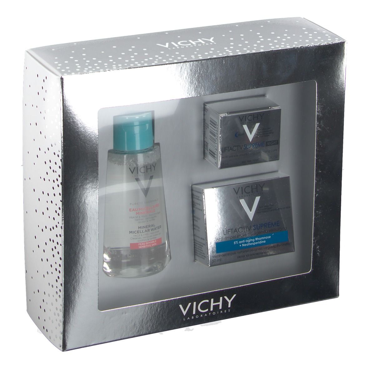Geschenkset met micellair water, dag- en nachtverzorging. Producten in zilveren doos met venster. Vichy-logo zichtbaar.
