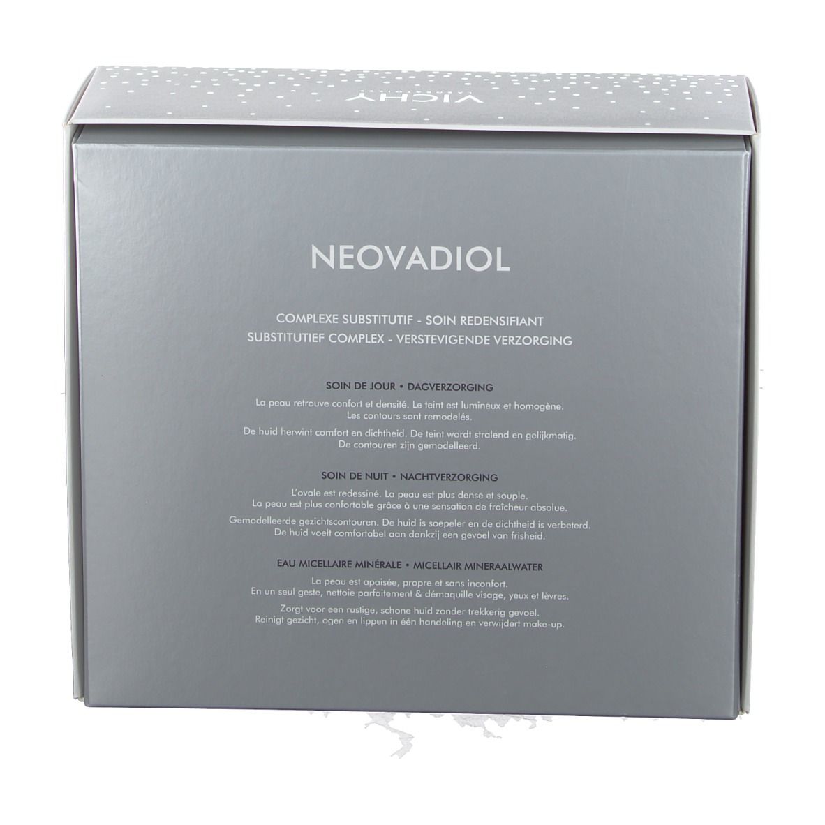Dos du coffret Vichy Neovadiol. Texte multilingue.