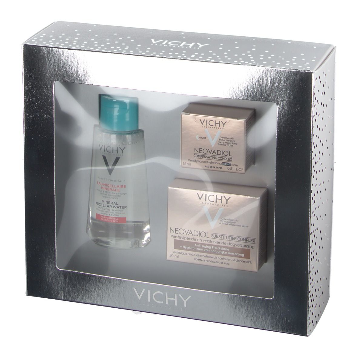 Coffret Vichy Neovadiol dans un emballage argenté. Contient trois produits, visibles.