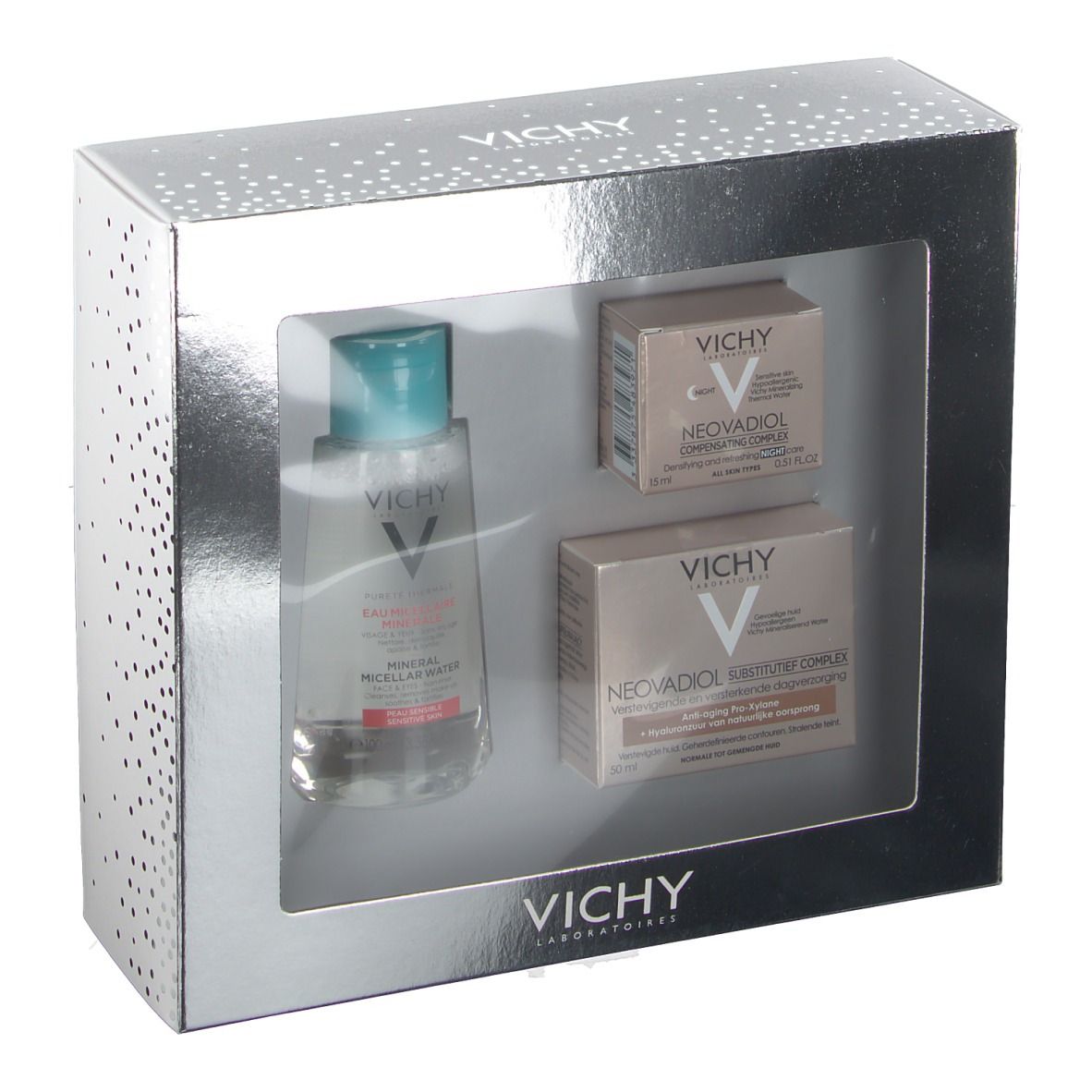 Coffret Vichy Neovadiol en emballage argenté. Trois produits visibles par fenêtre.