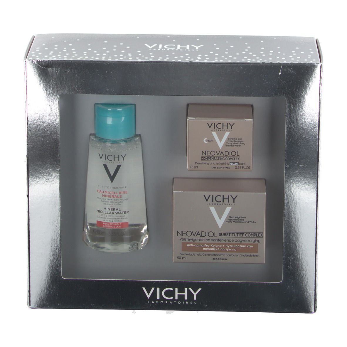 Vichy cadeau set. Bevat micellair water, dag- en nachtverzorging voor de droge huid. Verpakt in een zilveren doos.