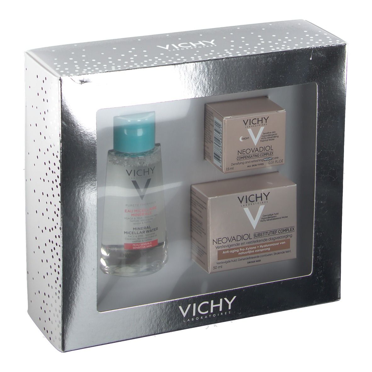 Vichy cadeau set. Bevat micellair water, dag- en nachtverzorging voor de droge huid. Verpakt in een zilveren doos.