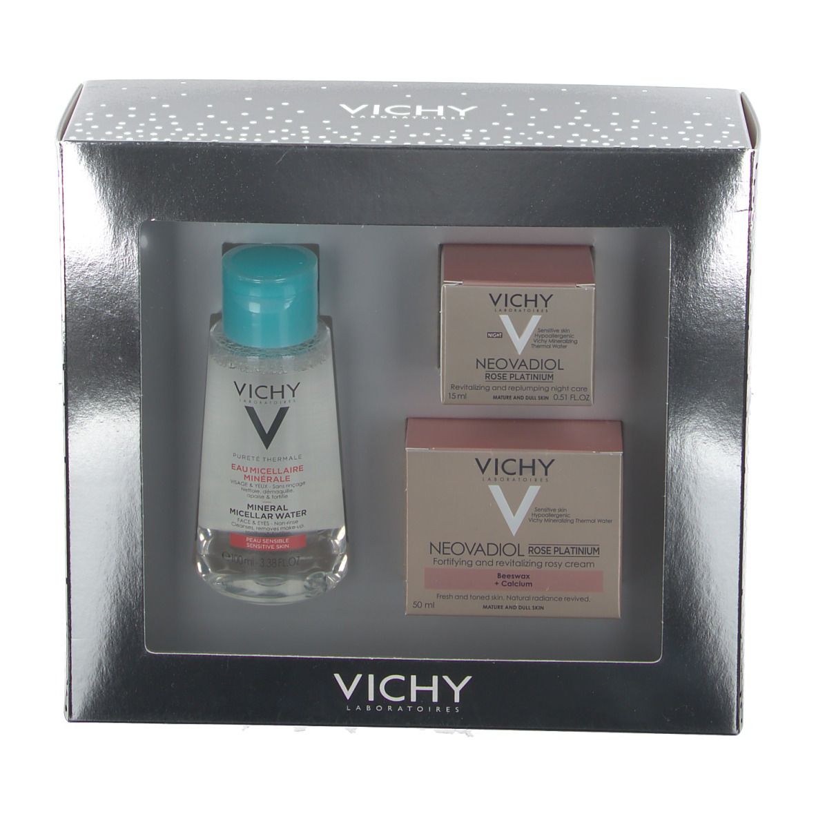 Zilveren Vichy geschenkset met drie producten: micellair water, rosé crème en nachtverzorging. Merk en namen zichtbaar.