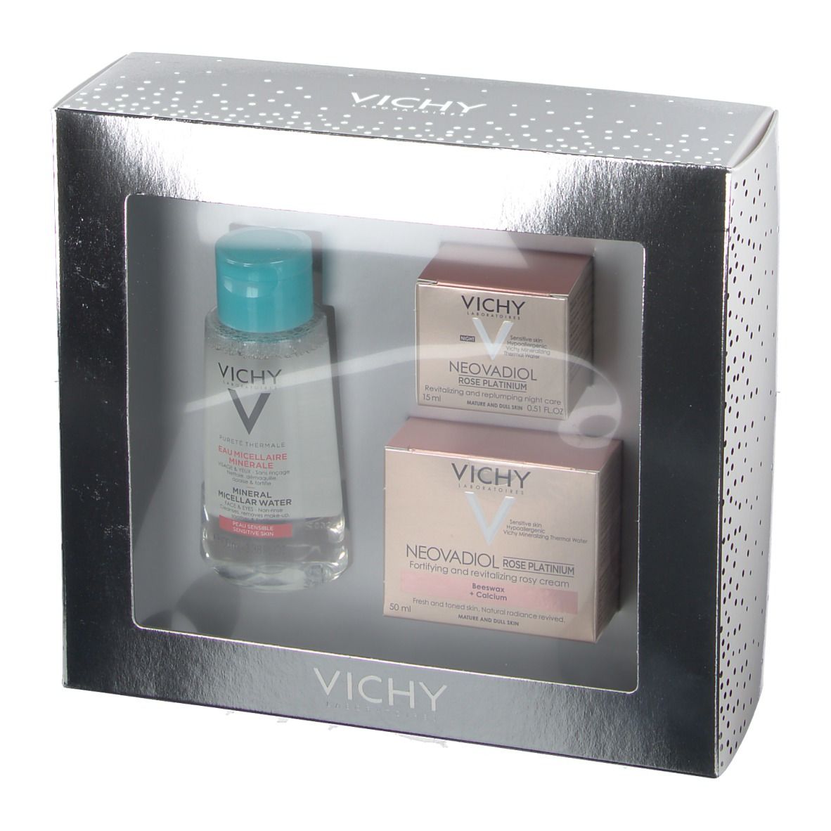 Zilveren Vichy geschenkset met drie producten: micellair water, rosé crème en nachtverzorging. Merk en namen zichtbaar.